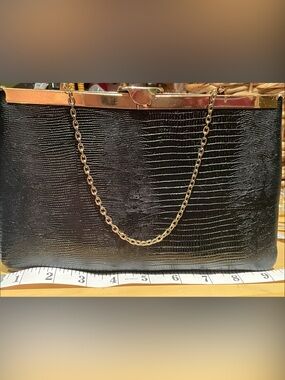 Vintage Etra Genuine Leather Black Textured Clutch with Gold Chain